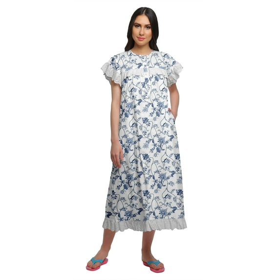 Moomaya Printed WoMen's Nightdress Mid Calf Length Cotton Short Sleeve Sleepwear