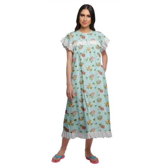 Moomaya Printed WoMen's Nightdress Mid Calf Length Cotton Short Sleeve Sleepwear