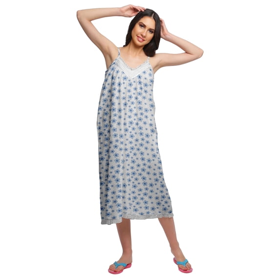 Moomaya Printed WoMen's Spaghetti Strap Knee Length Nightdress Cotton Nightwear