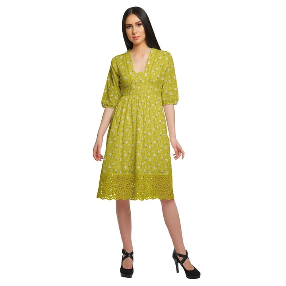 Moomaya Printed Women Midi Length Cotton Dress Short Sleeve Summer Wear Clothing