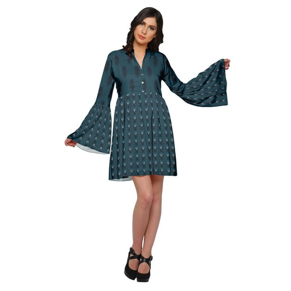 Moomaya Printed Women Mini Long Bell Sleeve Shift Dress Clothing Summer Wear