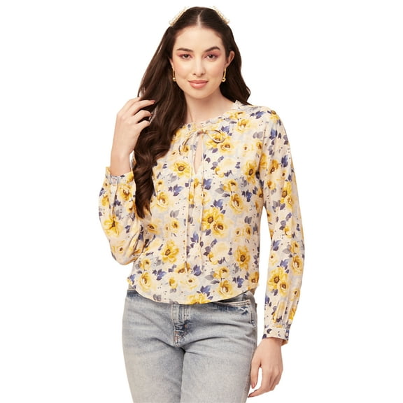 Moomaya Printed Women Top Long Puffed Sleeves Casual Viscose Tunic Top