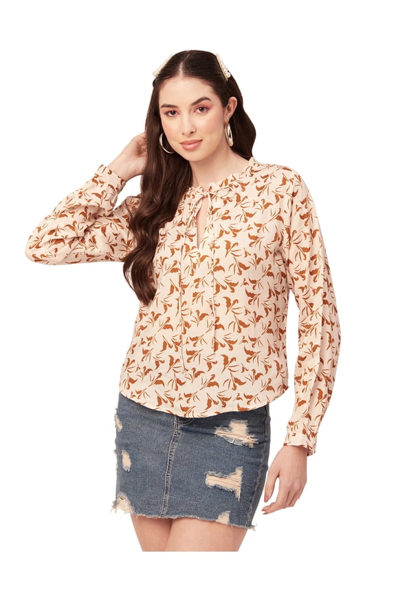 Printed Women Top Long Puffed Sleeves Casual Viscose Tunic Top