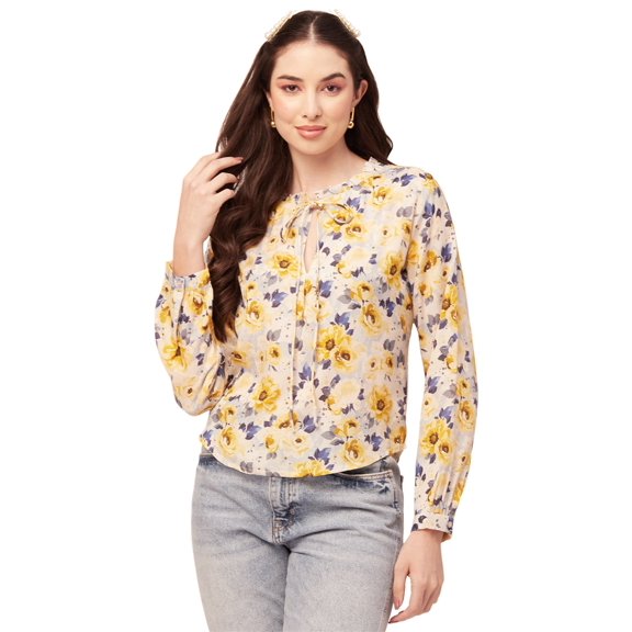 Moomaya Printed Women Top Long Puffed Sleeves Casual Viscose Tunic Top