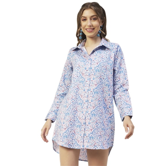Moomaya Printed Womens Collared Long Shirt, Button Down Casual Summer Shirt Dress