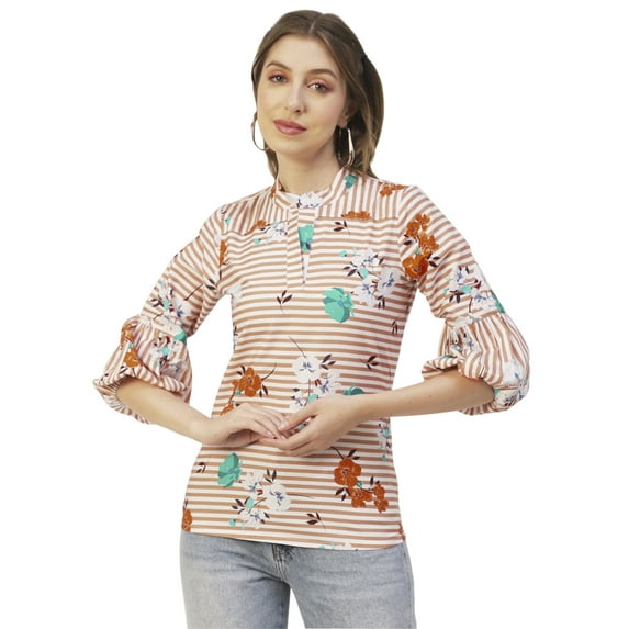 Moomaya Printed Womens Cotton Top, Mandarin Casual Long Sleeves Summer Wear Formal Top