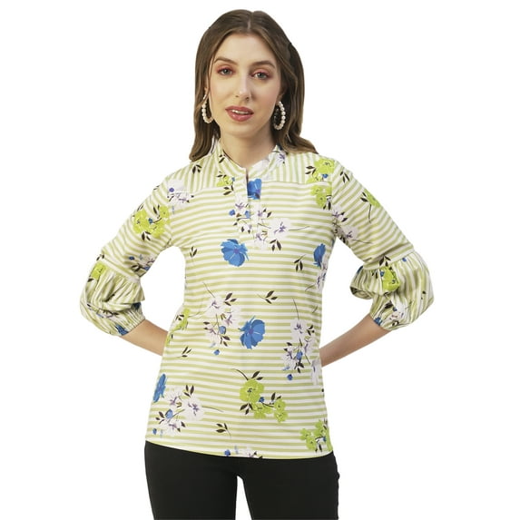 Moomaya Printed Womens Cotton Top, Mandarin Casual Long Sleeves Summer Wear Formal Top