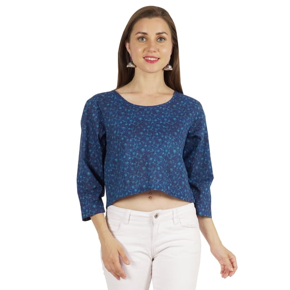 Moomaya Printed Womens Crop Top 3/4 Sleeve Button Up Round Neck Tunic Blouse