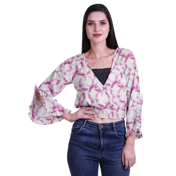 Moomaya Printed Womens Crop Top Wrap Style Top Wear Ruffle Long Sleeve Casual Summer Blouse