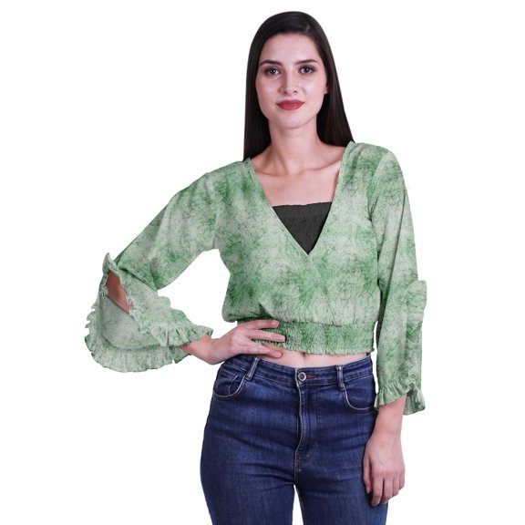 Moomaya Printed Womens Crop Top Wrap Style Top Wear Ruffle Long Sleeve Casual Summer Blouse