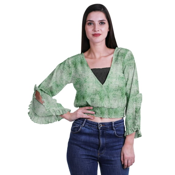 Moomaya Printed Womens Crop Top Wrap Style Top Wear Ruffle Long Sleeve Casual Summer Blouse