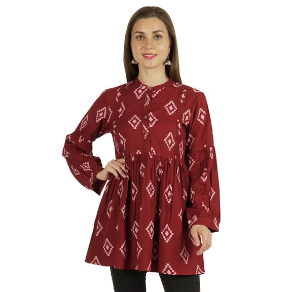 Moomaya Printed Womens Full Sleeve Tunic Mandarin Collar Fit & Flare Long Top