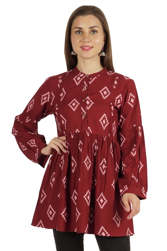 Printed Womens Full Sleeve Tunic Mandarin Collar Fit & Flare Long Top