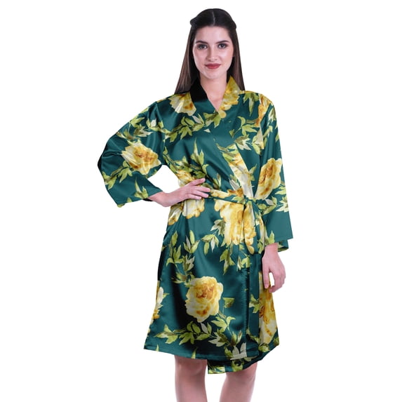 Moomaya Printed Womens Kimono Robes Short Satin Silk Bridal Robe Loungewear