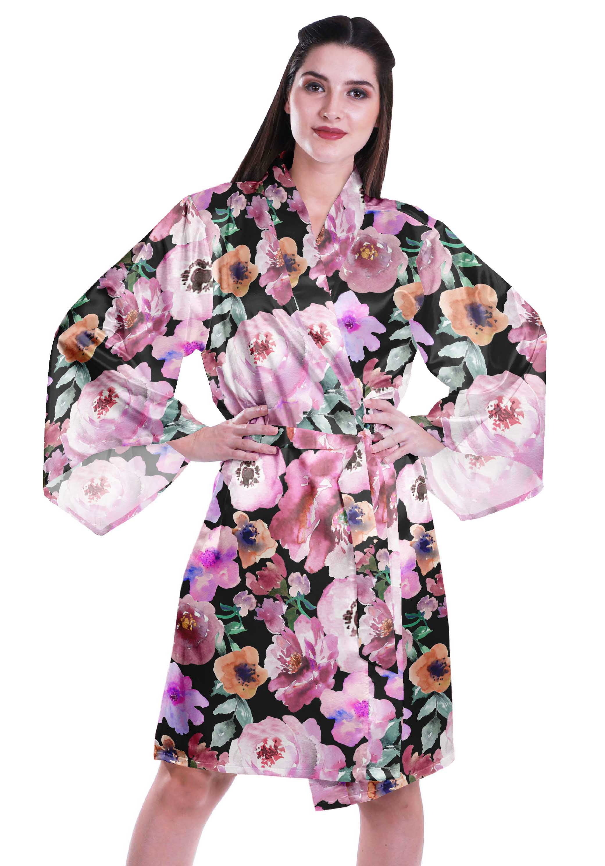 Moomaya Printed Womens Kimono Sleeve Robes Satin Silk Getting Ready ...