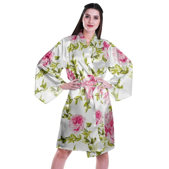 Moomaya Printed Womens Kimono Sleeve Robes Satin Silk Getting Ready Bridal Robe Coverup