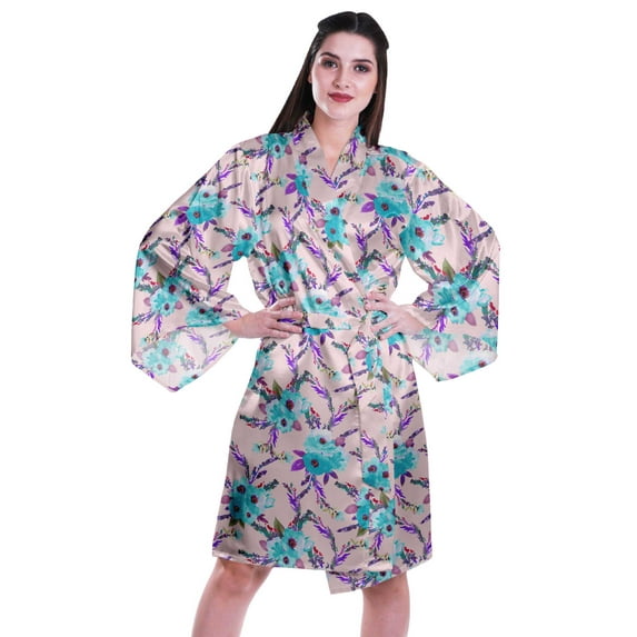Moomaya Printed Womens Kimono Sleeve Robes Satin Silk Getting Ready Bridal Robe Coverup