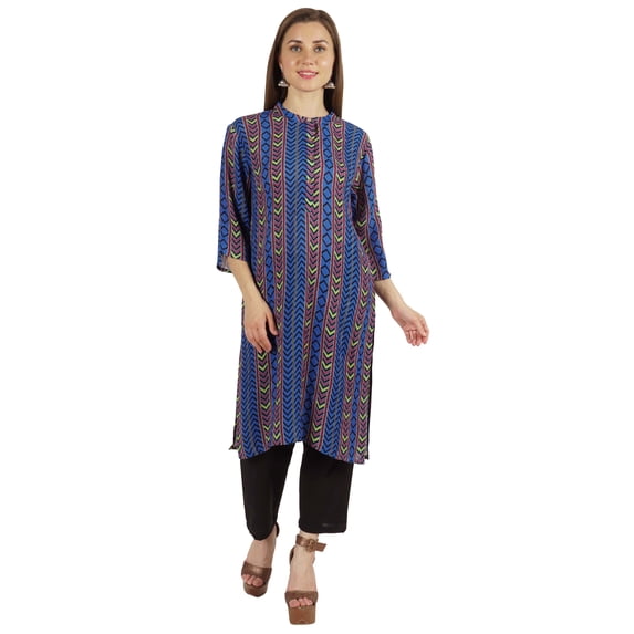 Moomaya Printed Womens Kurti 3/4 Sleeve Mandarin Collar Straight Kurta Soft Summer Tunic