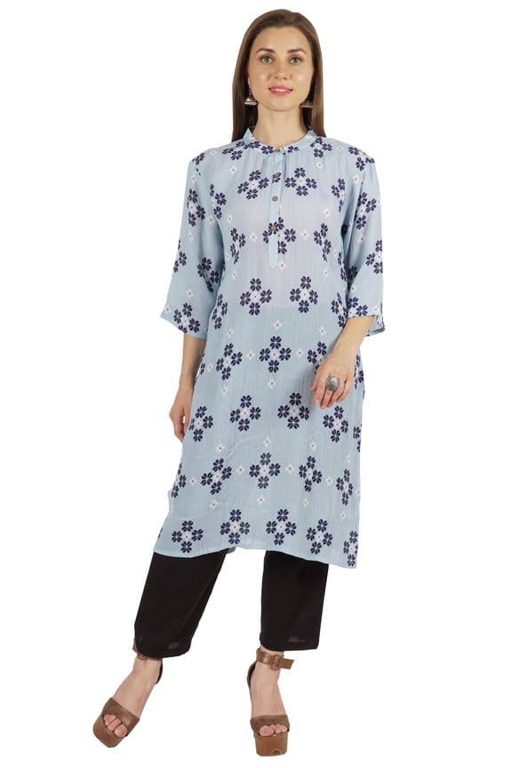 Printed Womens Kurti 3/4 Sleeve Mandarin Collar Straight Kurta Soft Summer Tunic