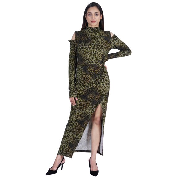 Moomaya Printed Womens Long High Neck Slit Dress Casual Cold Shoulder Gown