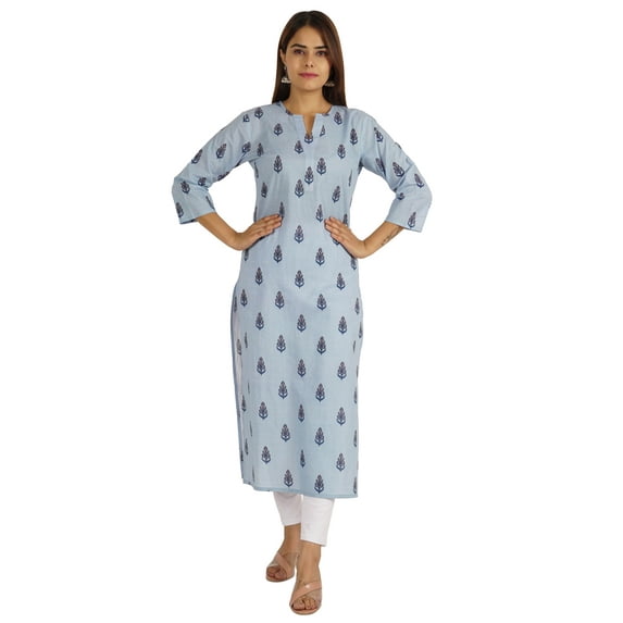 Moomaya Printed Womens Long Kurti 3/4 Sleeve Cotton Summer Ethnic Tunic Kurta
