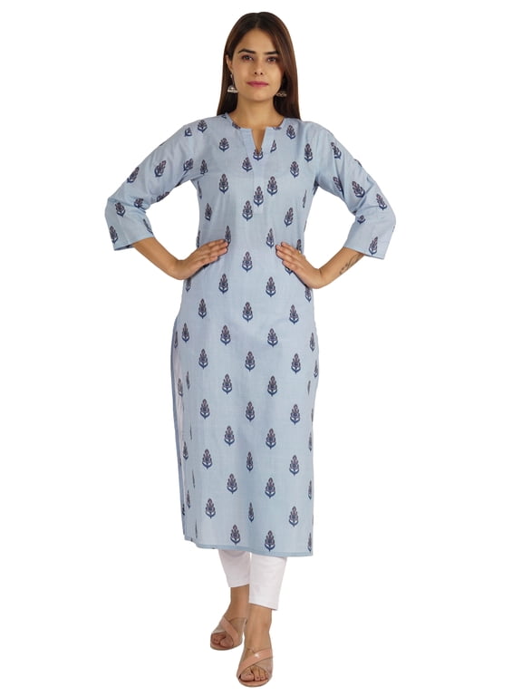 Printed Womens Long Kurti 3/4 Sleeve Cotton Summer Ethnic Tunic Kurta
