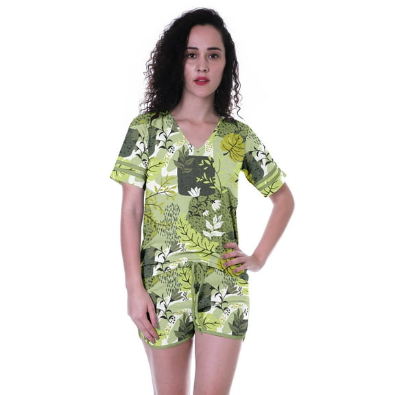 Moomaya Printed Womens NightwearSet w/ Shorts Cotton Sleepwear 2 Pcs Nightdress