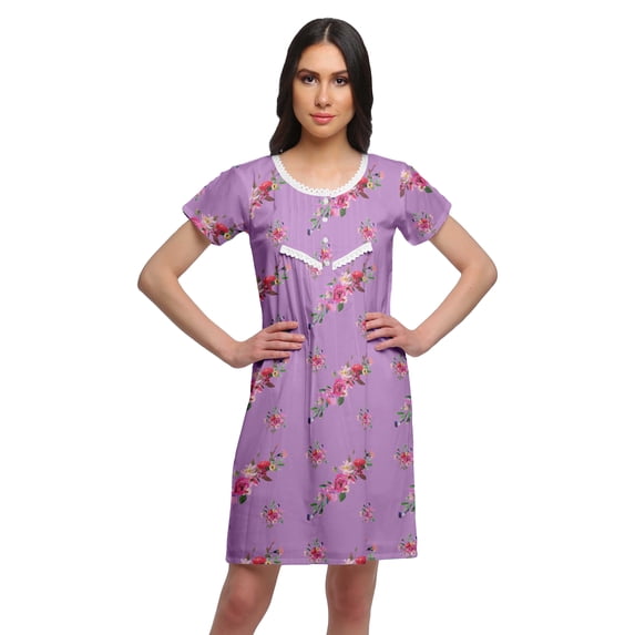 Moomaya Printed Womens Short Sleeve Nightdress Round Neck Cotton Sleepwear
