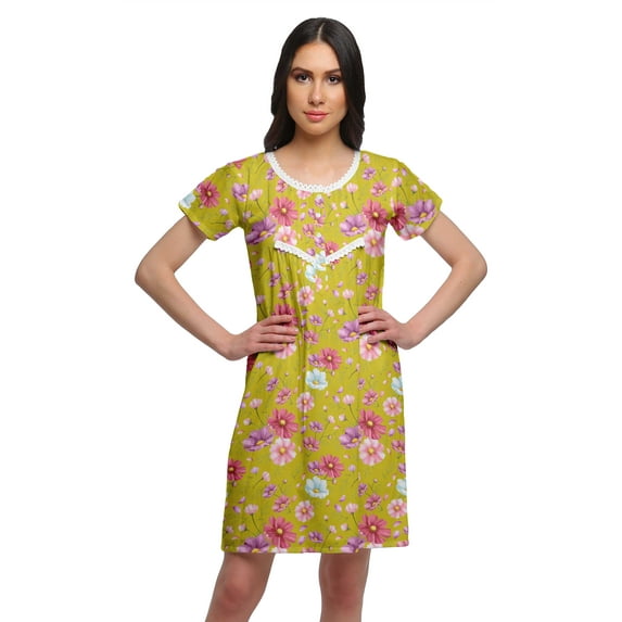 Moomaya Printed Womens Short Sleeve Nightdress Round Neck Cotton Sleepwear