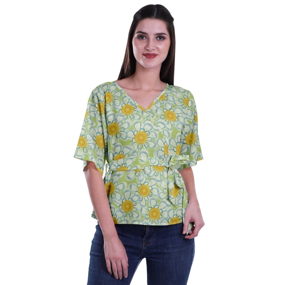 Moomaya Printed Wrap Over with Belt Style Top For Women Printed V-Neck Casual/Formal Top