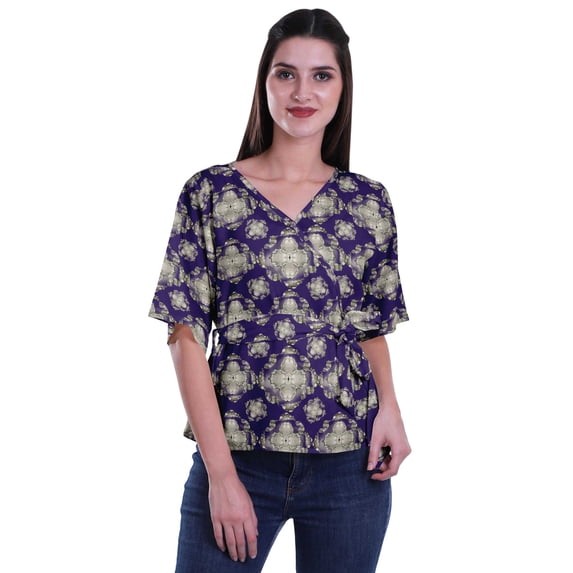 Moomaya Printed Wrap Over with Belt Style Top For Women Printed V-Neck Casual/Formal Top