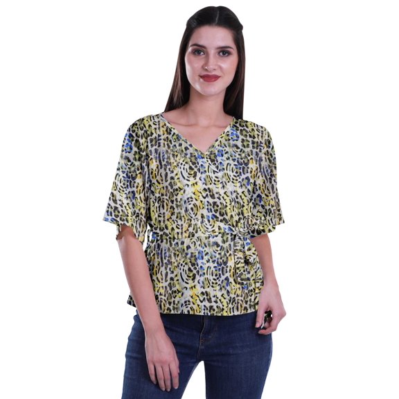 Moomaya Printed Wrap Over with Belt Style Top For Women Printed V-Neck Casual/Formal Top