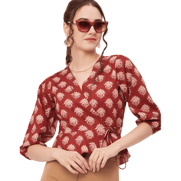 Moomaya Printed Wrap Tops For Women, V-Neck Cotton Casual Chic Top