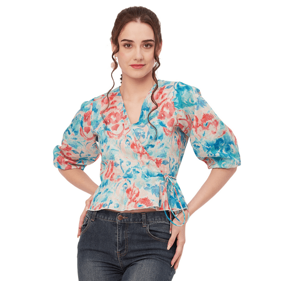 Moomaya Printed Wrap Tops For Women, V-Neck Cotton Casual Chic Top