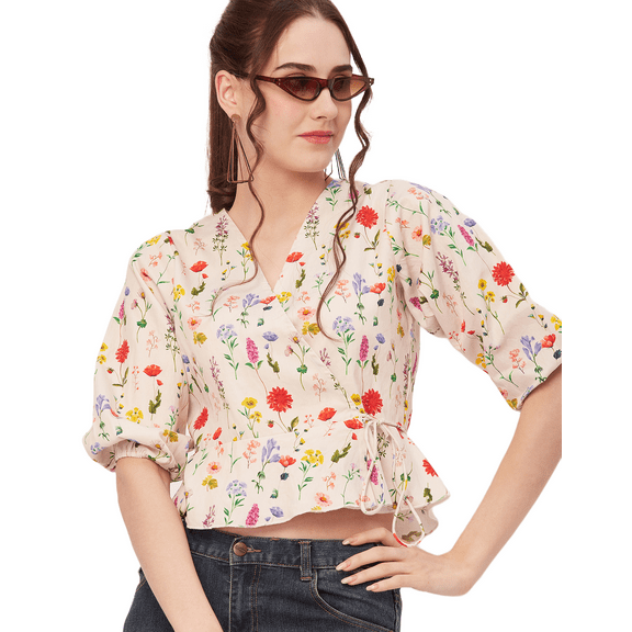 Moomaya Printed Wrap Tops For Women, V-Neck Cotton Casual Chic Top