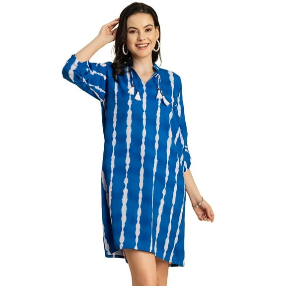 Moomaya Raglan Sleeves Band Collar Printed Rayon Dress - Women's Casual Dress