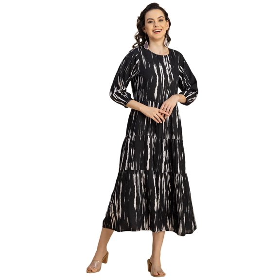Moomaya Raglan Sleeves Printed Rayon Dress - Women's Casual Tiered Dress