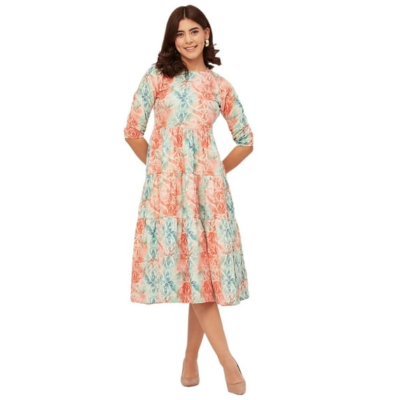 Moomaya Raglan Sleeves Printed Rayon Dress - Women's Casual Tiered Dress