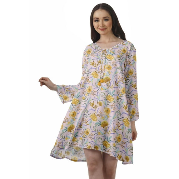 Moomaya Rayon Flared Dress For Womens Long Sleeve Printed V-Neck Casual Beach Dress For Girls