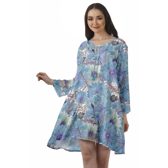 Moomaya Rayon Flared Dress For Womens Long Sleeve Printed V-Neck Casual Beach Dress For Girls