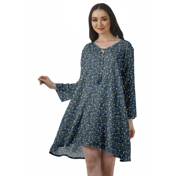Moomaya Rayon Flared Dress For Womens Long Sleeve Printed V-Neck Casual Beach Dress For Girls