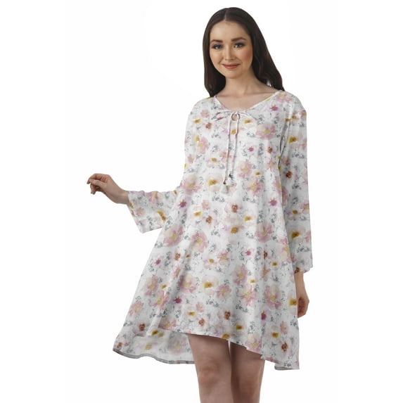 Moomaya Rayon Flared Dress For Womens Long Sleeve Printed V-Neck Casual Beach Dress For Girls