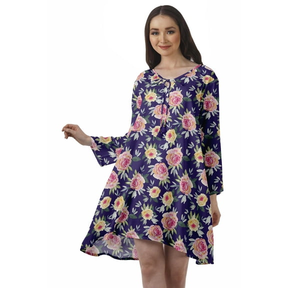 Moomaya Rayon Flared Dress For Womens Long Sleeve Printed V-Neck Casual Beach Dress For Girls