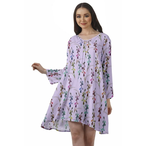 Moomaya Rayon Flared Dress For Womens Long Sleeve Printed V-Neck Casual Beach Dress For Girls