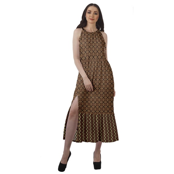Moomaya Rayon Printed Halter Neck Dress Womens Front Slit Long Maxi Party Dress