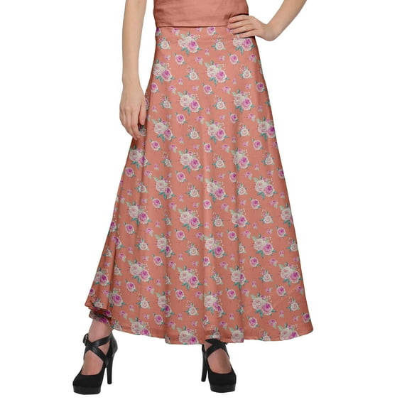Moomaya Rayon Printed Long Length Skirt For Women Plus Size Tie Waist Maxi Skirt
