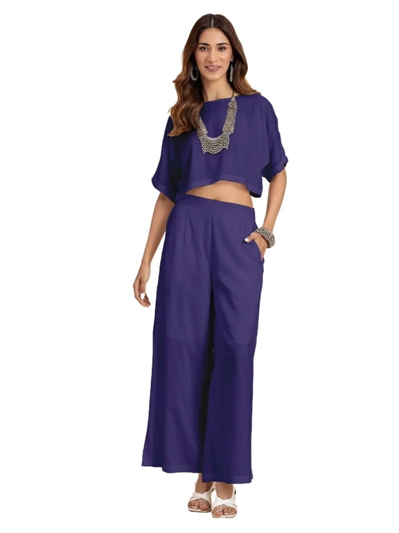 Round-Neck 2 Pcs Rayon Co-Ord Set, Crop Top With Flared Palazzo Pants