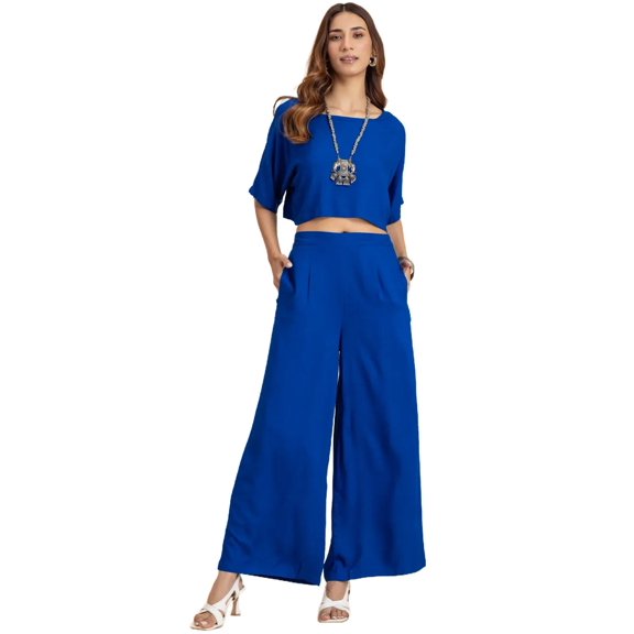 Moomaya Round-Neck 2 Pcs Rayon Co-Ord Set, Crop Top With Flared Palazzo Pants