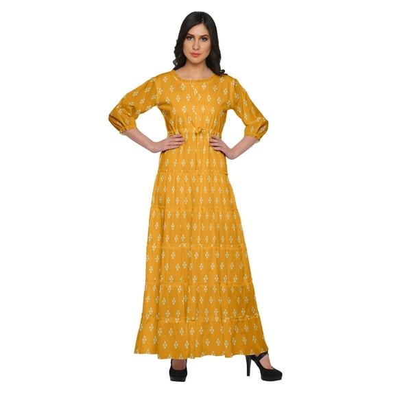Moomaya Round Neck 3/4 Sleeve Flair Maxi Dress Printed Casual Summer Clothing