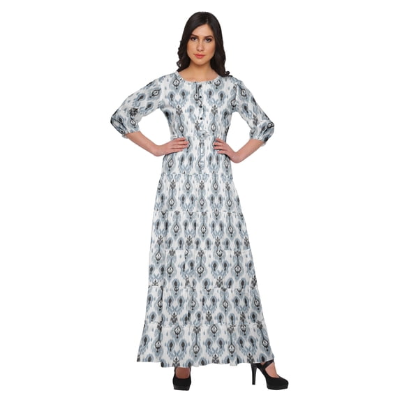 Moomaya Round Neck 3/4 Sleeve Flair Maxi Dress Printed Casual Summer Clothing